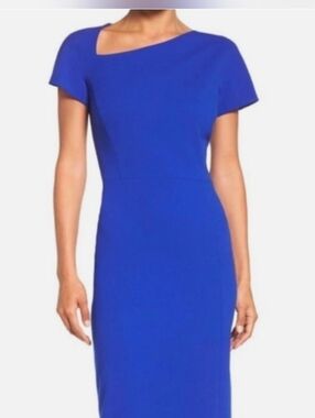 Maggy London Cobalt Blue Asymmetric Neck Midi Dress - Size 12